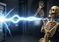 Skeleton being electrocuted by a lightning bolt from a database server, symbolizing the unexpected and destructive consequences of CIFAS markers on a person’s life.