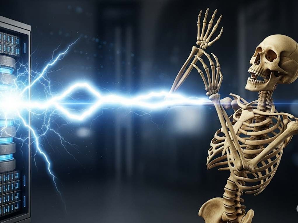 Skeleton being electrocuted by a lightning bolt from a database server, symbolizing the unexpected and destructive consequences of CIFAS markers on a person’s life.